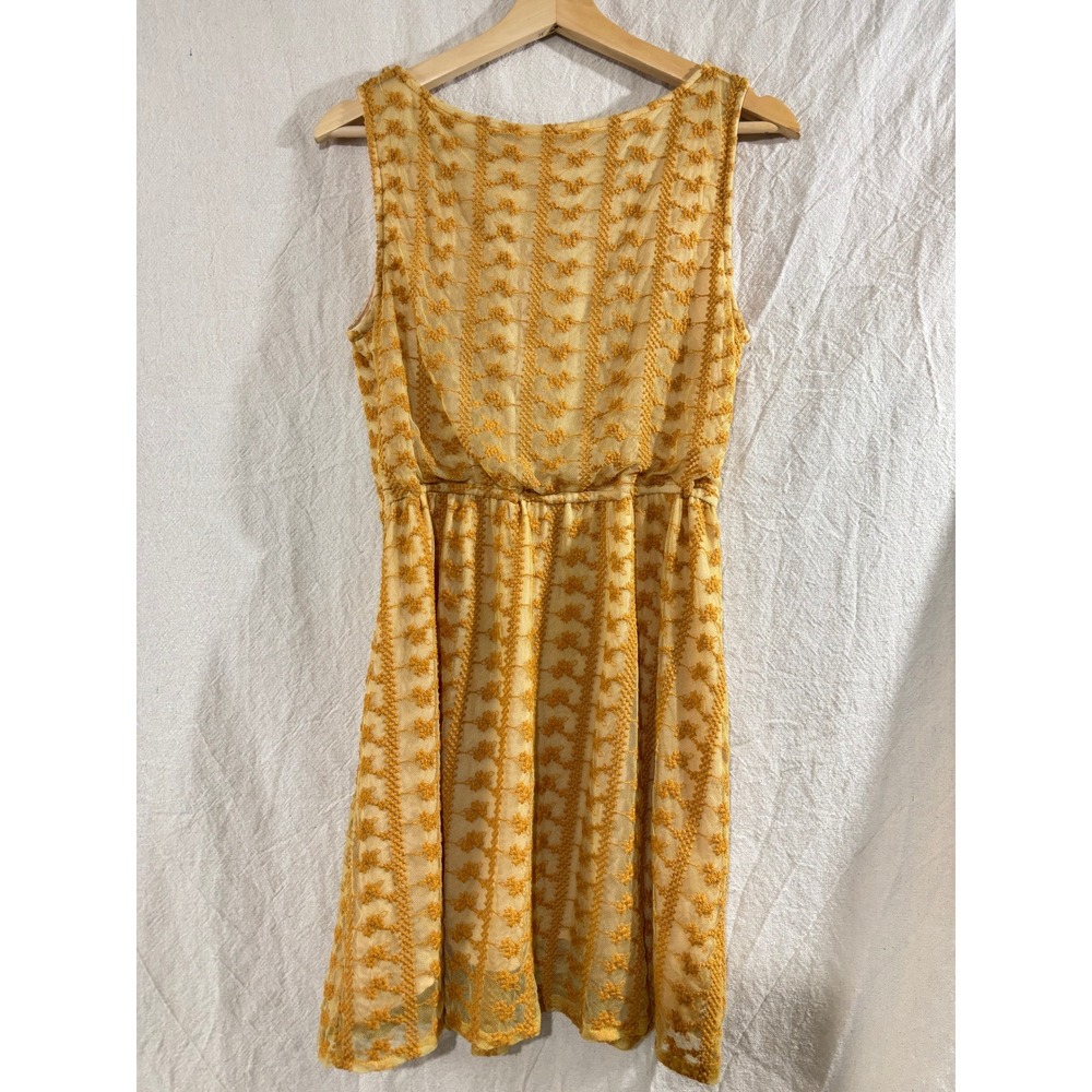 Nick & Mo Mustard Yellow Lace Floral Embroidered V-Neck Fit & Flare Dress Small - Picture 2 of 7